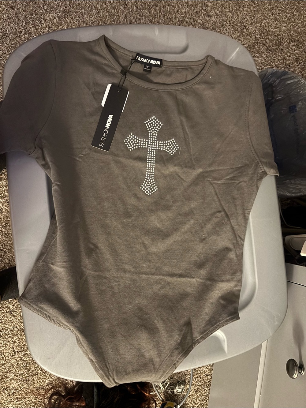 Fashion Nova Olive Green Rhinestone Cross Bodysuit